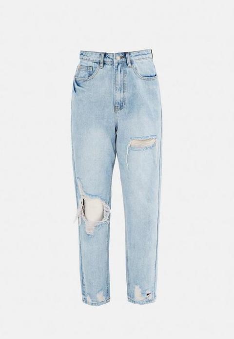 Light Blue Thigh Slash Open Knee Mom Jeans, Blue