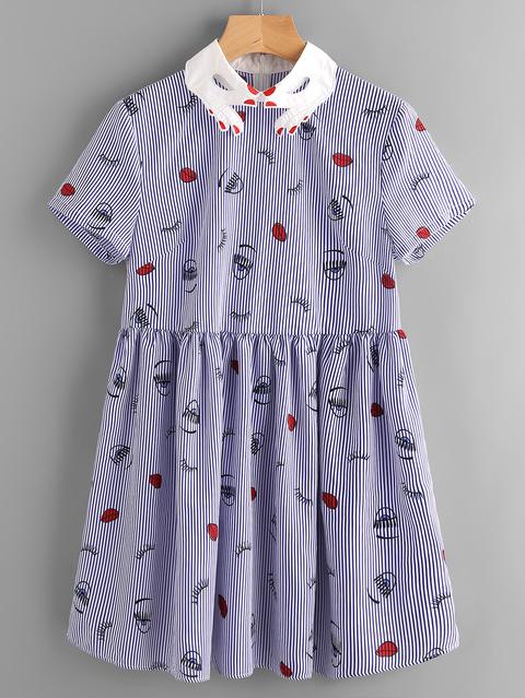 Contrast Hand Pattern Collar Facing Print Smock Dress