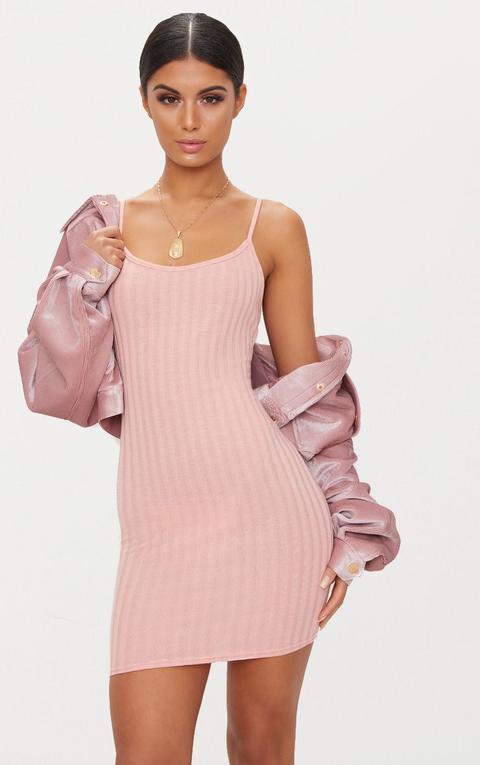 Pink Rib Knit Strappy Dress