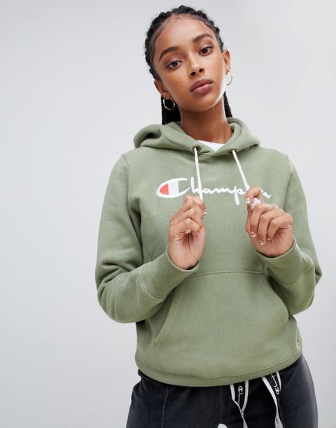 Champion - Felpa Stile Boyfriend Con Cappuccio E Scritta Del Logo Ricamata Sul Davanti - Verde