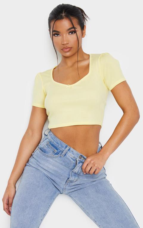 Lemon Rib Bow Puff Sleeve Crop Top