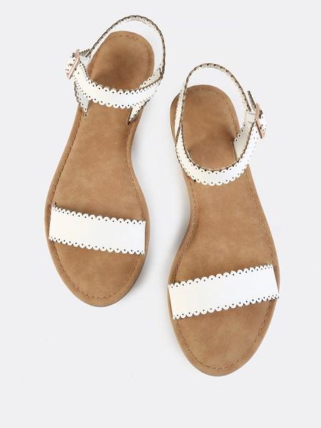 Scalloped Trim Flat Sandals White