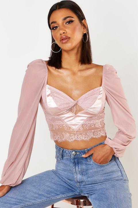 Womens Satin Lace Mesh Crop Top - Pink - 10