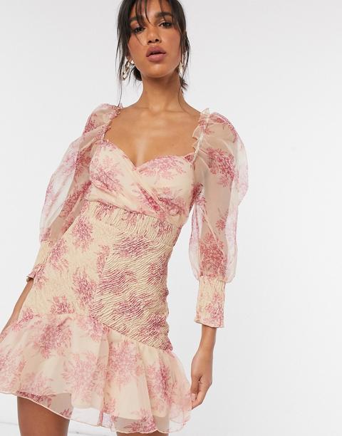 Asos Design Organza Shirred Mini Dress With Puff Sleeve In Floral Print-multi