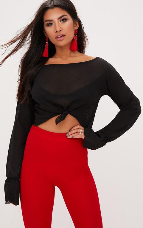 Black Lightweight Knit Off The Shoulder Crop Top, Black