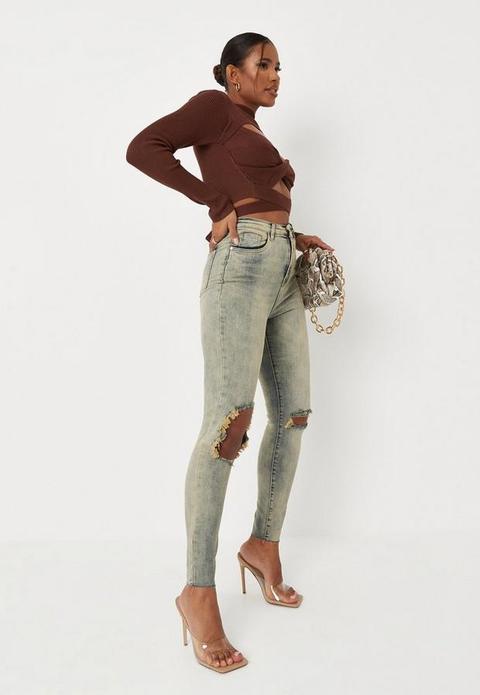 Blue High Waisted Ripped Skinny Jeans, Blue