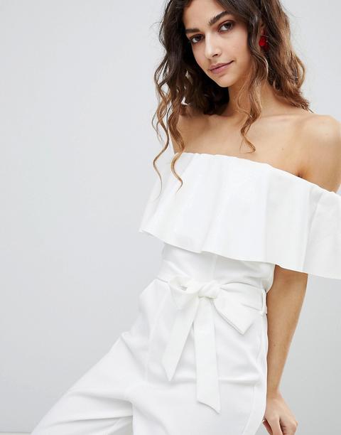 Mono Largo Con Escote Bardot Y Lazo A La Cintura En Blanco De Miss Selfridge