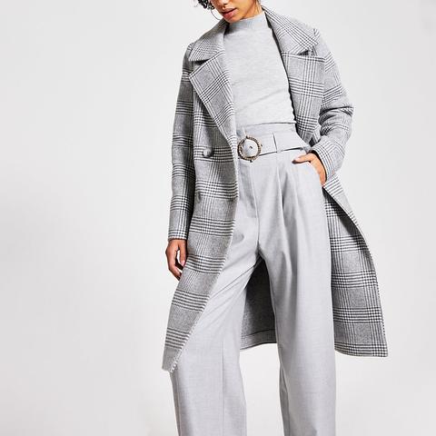 Grey Check Double Breasted Longline Coat