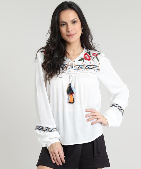 Blusa Feminina Com Bordado E Tassel Manga Longa Decote Redondo Off White