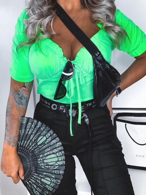 Carmen Milkmaid Puff Shoulder Tie Frill Top In Lime Green