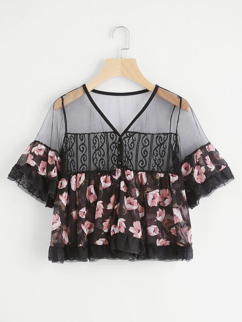 Top Transparente De Malla Con Estampado Floral