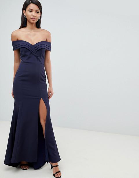 Vestido Largo Con Escote Bardot Y Diseño Plisado En Azul Marino De Jarlo