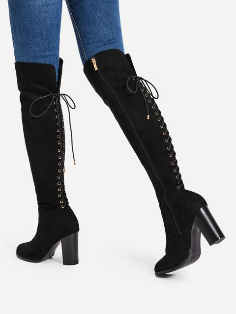 Lace Up Back Block Heeled Knee High Boots