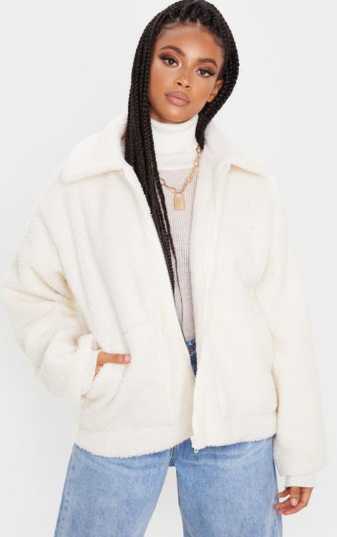 Cream Borg Zip Up Oversized Jacket