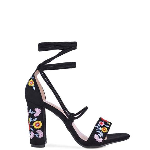 Aida - Floral Lace Up Sandals In Black