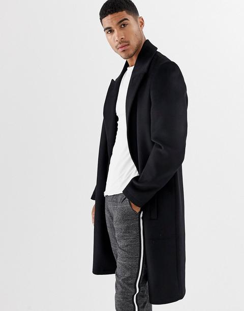 Asos Design Wool Mix Overcoat With Peak Lapel In Black