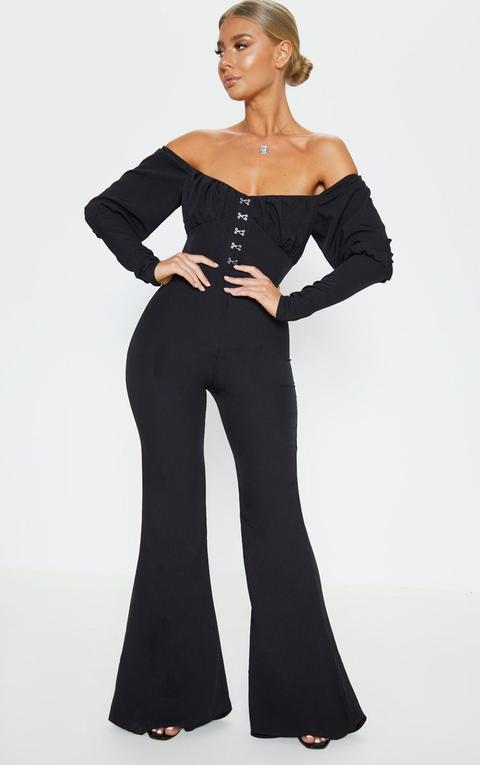 Black Ruched Flare Leg Bardot Jumpsuit, Black