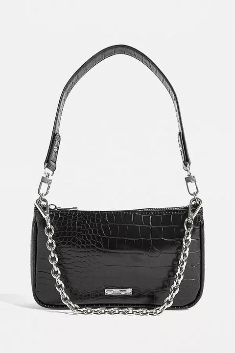 Uo Plate & Chain Accent Croc Shoulder Bag - Black All At Urban Outfitters