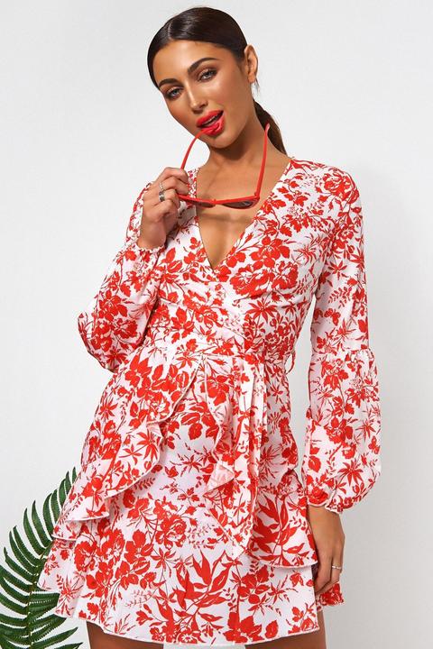 Red Floral Wrap Front Mini Dress