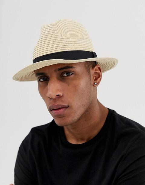 Asos Design Straw Fedora Hat In Beige