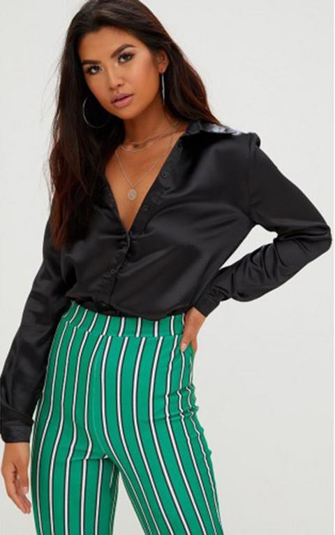 Black Satin Button Front Shirt