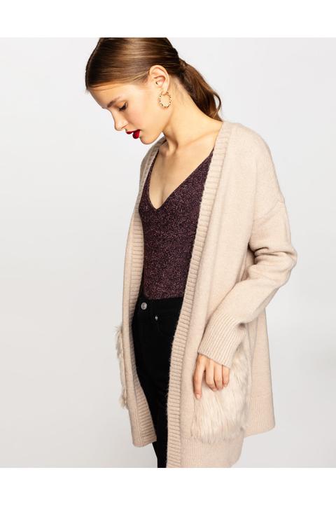 Cardigan Beige Con Inserti Pelliccia