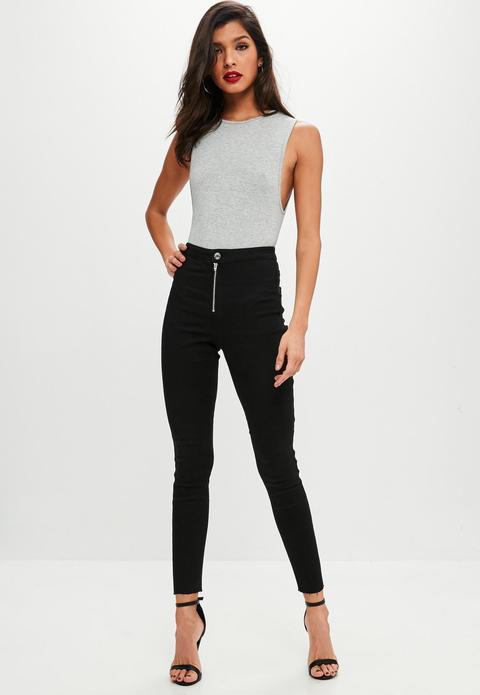 Black Skinny Zip Fly Jeans, Black