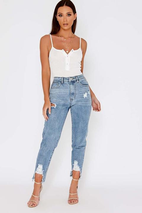 Blue Jeans - Halah Light Wash High Waisted Distressed Hem Mom Jeans