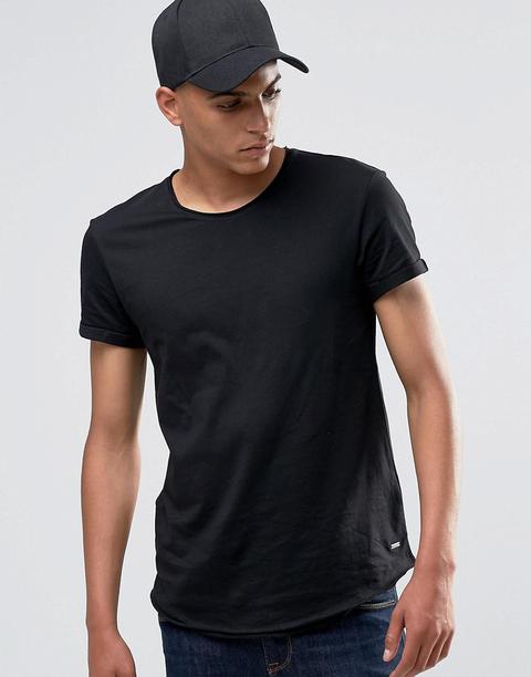 Esprit - T-shirt Lunga Nera Con Bordi Grezzi - Nero