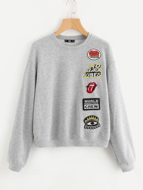 Embroidered Patch Detail Heather Knit Sweatshirt