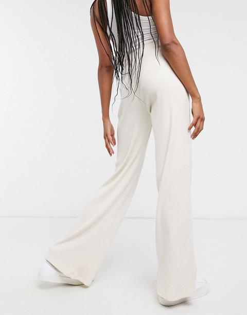 Bershka Wide Leg Ribbed Trouser In Ecru 