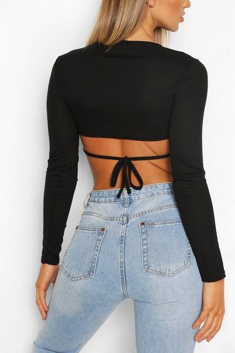 Womens Ribbed Open Back Crop Top - Black - 14, Black