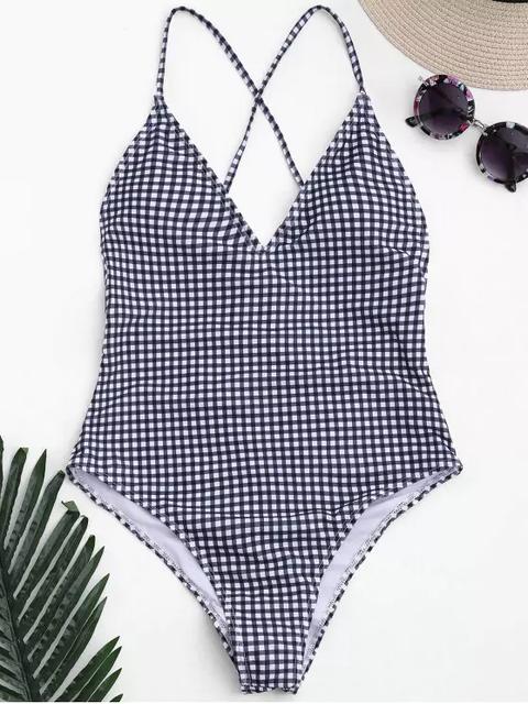 Ruched High Cut Checked Swimwear