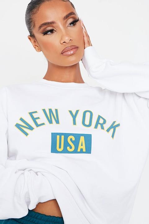 White New York College Print Sweatshirt , White