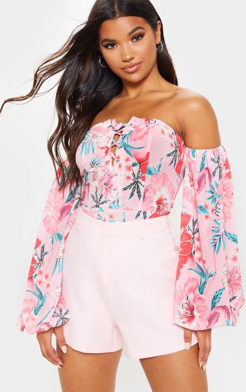 Pink Floral Printed Lace Up Bardot Puff Sleeve Bodysuit