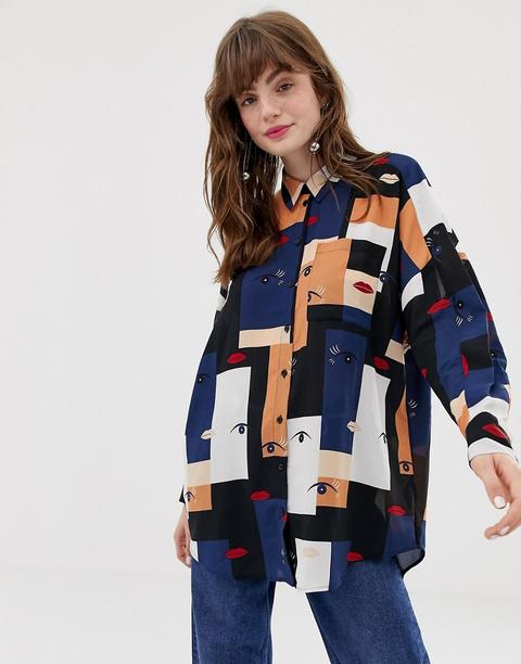 Monki Lipeyes Print Oversized Longline Blouse In Black - Multi