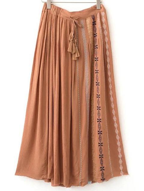 Drawstring Embroidery Long Skirt