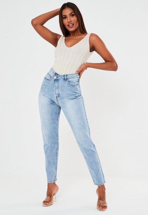 Light Blue Highwaisted Asymmetric Fasten Jeans, Blue