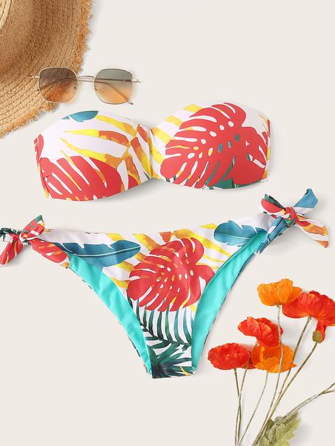 Bikini Bandeau Con Patrón Tropical Al Azar Con Lazo Lateral