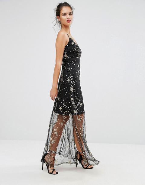 Boohoo - Vestito Lungo Con Stampa Di Stelle E Paillettes - Nero