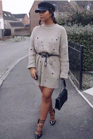 Beige Distressed Cable Knit Jumper Dress - Abea