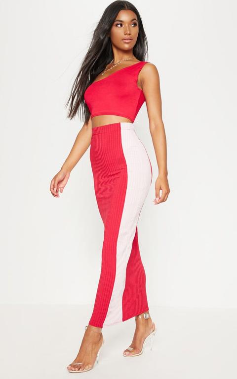 Red Colour Block Midi Skirt