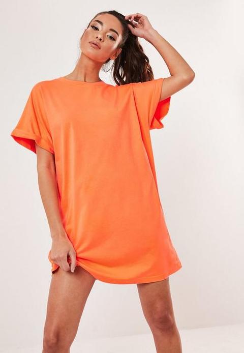 Neon Orange Roll Sleeve T Shirt Dress, Orange