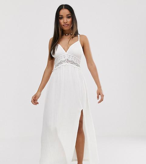 Asos Design Petite - Vestito Estivo Lungo Testurizzato Con Inserti All'uncinetto - Bianco