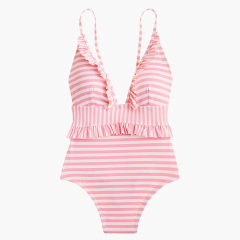 Ruffle Plunging One Piece Swimsuit In Mixed Stripe From J Crew On 21 Buttons