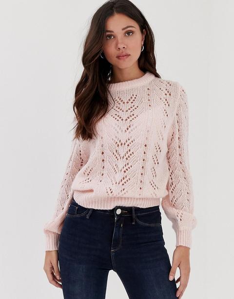 Brave Soul Lightweight Pointelle Sweater With Balloon Sleeve In Pastel Pink - Pink