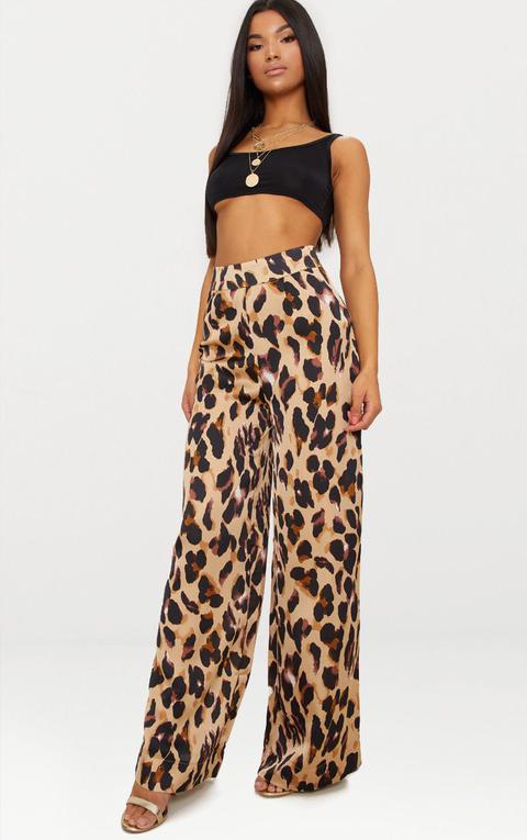 Leopard Print Satin Wide Leg Trousers, Animal