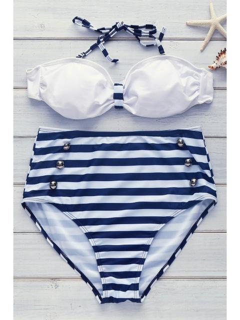 High Waisted Halterneck Stripe Six Buttons Bikini