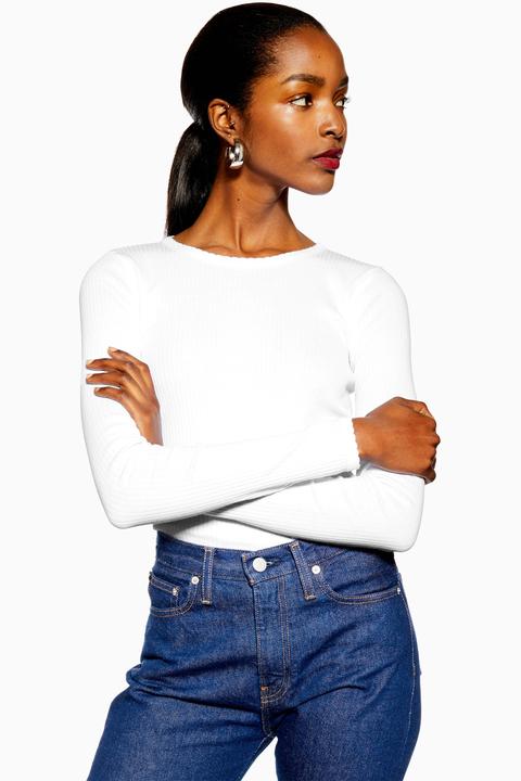 Womens Tall Long Sleeve Scallop Top - White, White