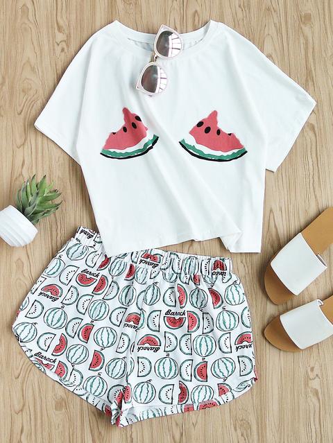 Watermelon Print Tee And Shorts Set